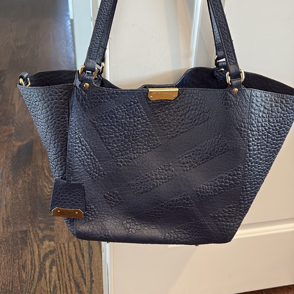 Burberry navy blue tote convertible shoulder bag with gold hardware